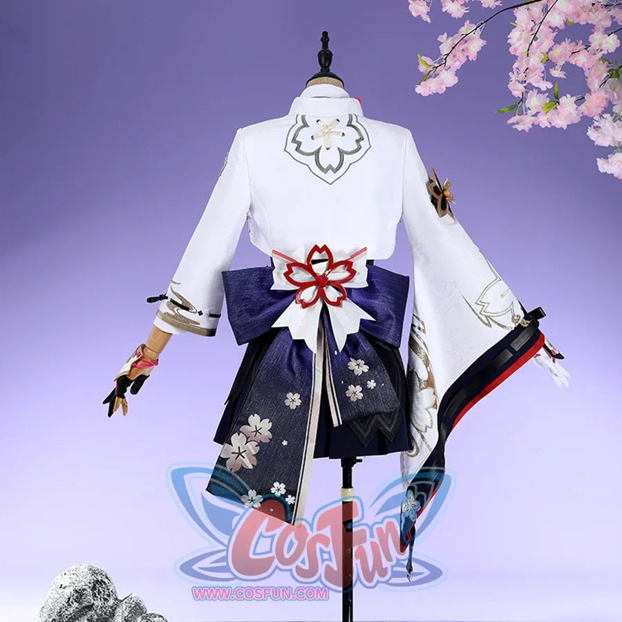 Honkai: Star Rail Evanescia cosplay costume back bow detail layers purple satin beneath the white outerwear