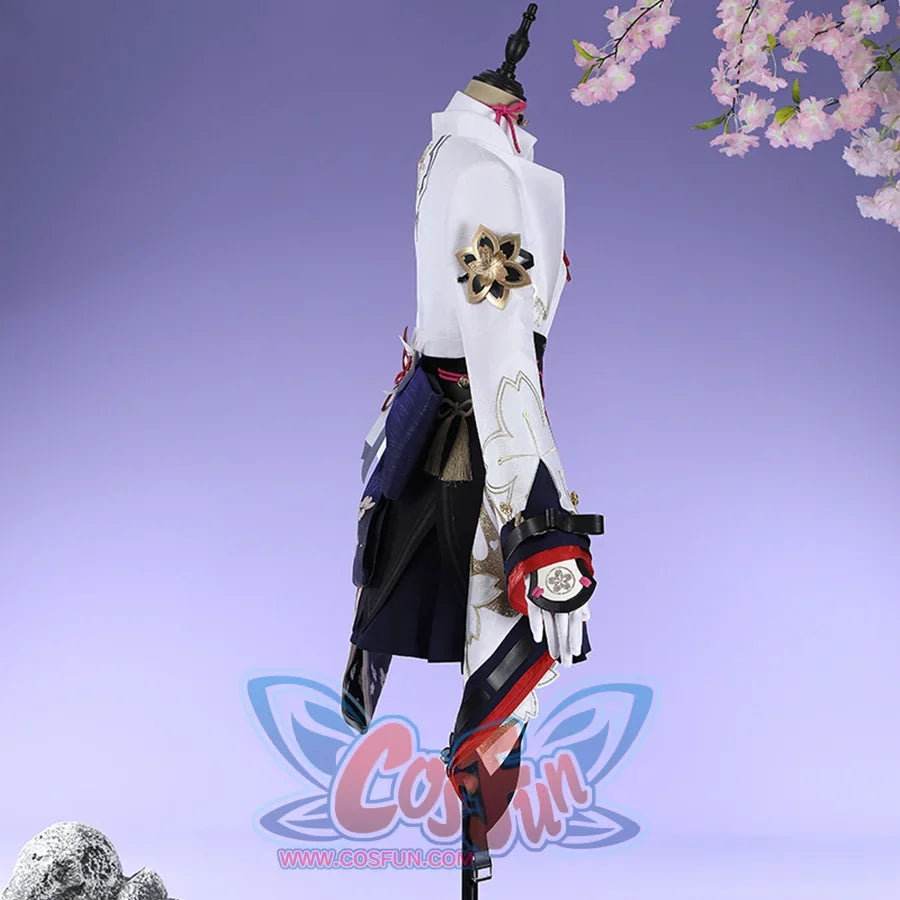 Honkai: Star Rail Evanescia cosplay costume back view shows white outerwear over a purple waist bow