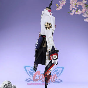 Honkai: Star Rail Evanescia cosplay costume back view shows white outerwear over a purple waist bow