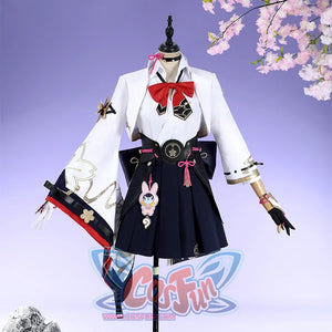 Honkai: Star Rail Evanescia cosplay costume bodice detail shows a red bow above the black waist cincher