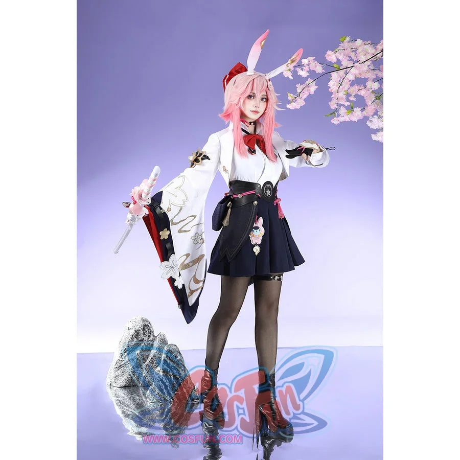 Honkai: Star Rail Evanescia cosplay costume front view centers a red bow over the white top and black skirt