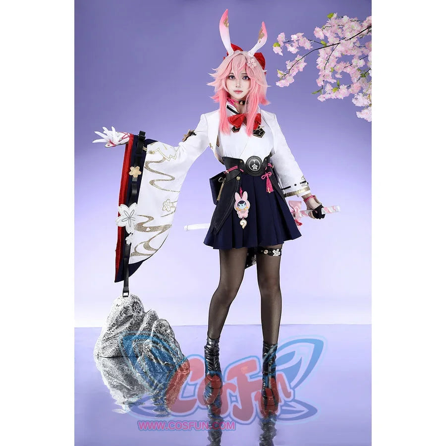 Honkai: Star Rail Evanescia cosplay costume front view spreads white sleeves around a red bow and black skirt