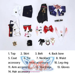 Honkai: Star Rail Evanescia cosplay costume flat lay arranges the clothing pieces beside headwear and gloves