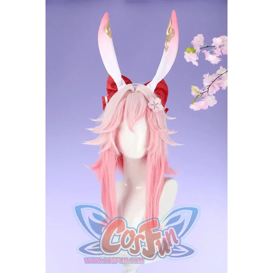 Honkai: Star Rail Evanescia cosplay headwear front view shows tall pink bunny ears above a red bow