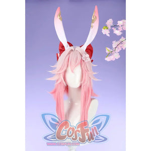 Honkai: Star Rail Evanescia cosplay headwear front view shows tall pink bunny ears above a red bow