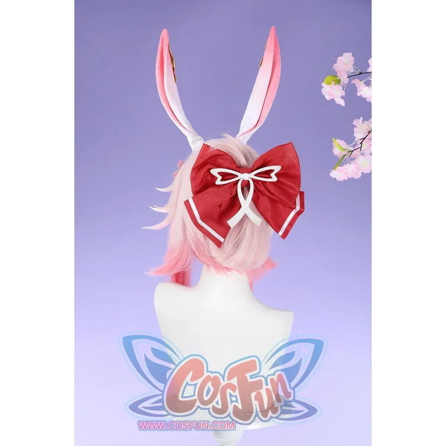 Honkai: Star Rail Evanescia cosplay headwear back view frames tall bunny ears and a red ribbon bow