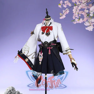 Honkai: Star Rail Evanescia cosplay outerwear side detail shows gold-tone floral trim along a white sleeve