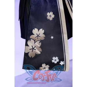 Honkai: Star Rail Evanescia cosplay skirt panel detail shows pale floral prints scattered across dark fabric