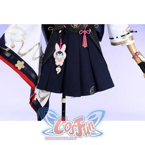 Honkai: Star Rail Evanescia cosplay skirt front detail features a rabbit charm hanging from the black skirt