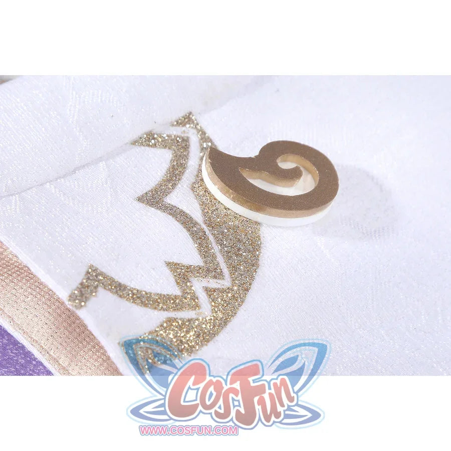 Honkai: Star Rail Evanescia cosplay sleeve embroidery detail highlights gold-tone scrollwork on white fabric