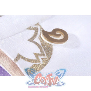 Honkai: Star Rail Evanescia cosplay sleeve embroidery detail highlights gold-tone scrollwork on white fabric