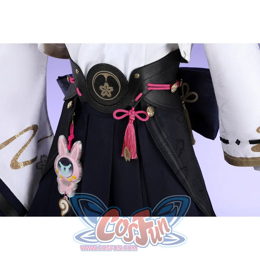 Honkai: Star Rail Evanescia cosplay waist bow detail centers pink cords over a black cincher and purple bow