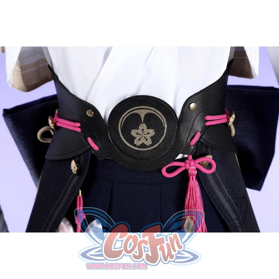 Honkai: Star Rail Evanescia cosplay waist cincher detail shows black panels set around pink ribbon accents