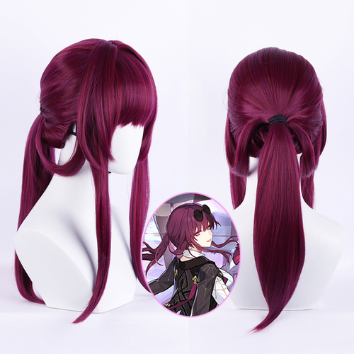 COSFUN Honkai Star Rail Kafka cosplay wig shows wine red styled hair with long side locks and a tied back ponytail