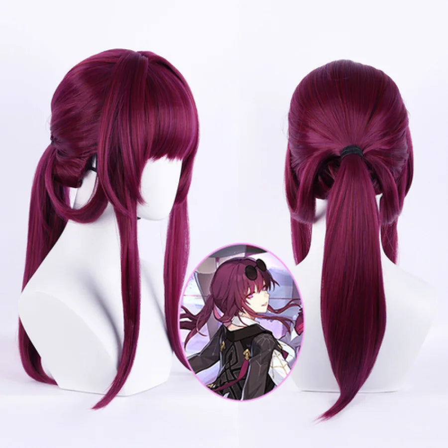 COSFUN Honkai Star Rail Kafka cosplay wig shows wine red styled hair with long side locks and a tied back ponytail
