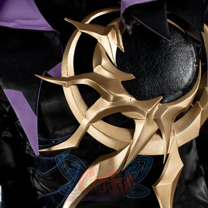 Honkai Star Rail Khaslana cosplay chest prop curves across the black coat in a gold-tone finish