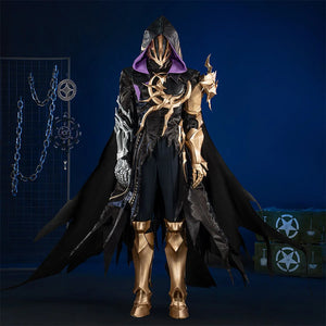 COSFUN Honkai Star Rail Khaslana cosplay costume shows a hooded black coat accented by gold armor