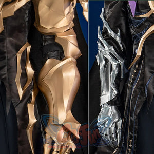 Honkai Star Rail Khaslana cosplay gauntlets pair gold and silver arm armor over the black sleeves