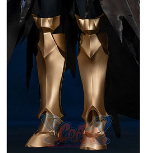 Honkai Star Rail Khaslana cosplay leg armor shows gold-tone greaves layered over black pants