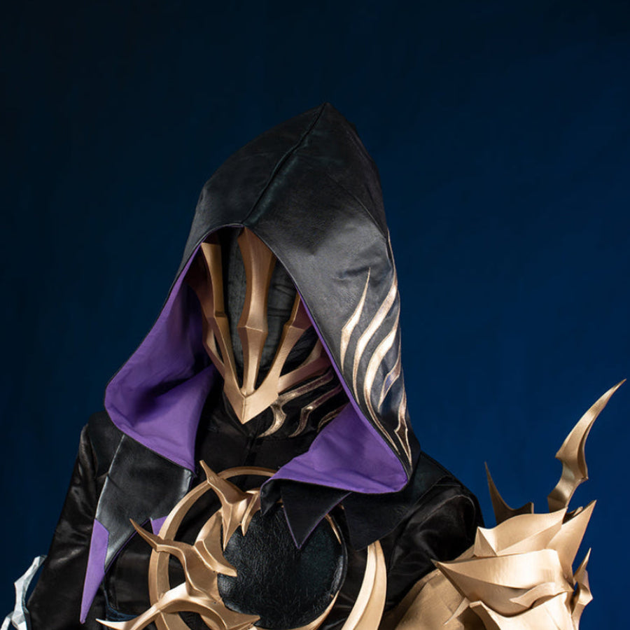 Honkai Star Rail Khaslana cosplay mask close-up sets the black faceplate inside a purple-lined hood