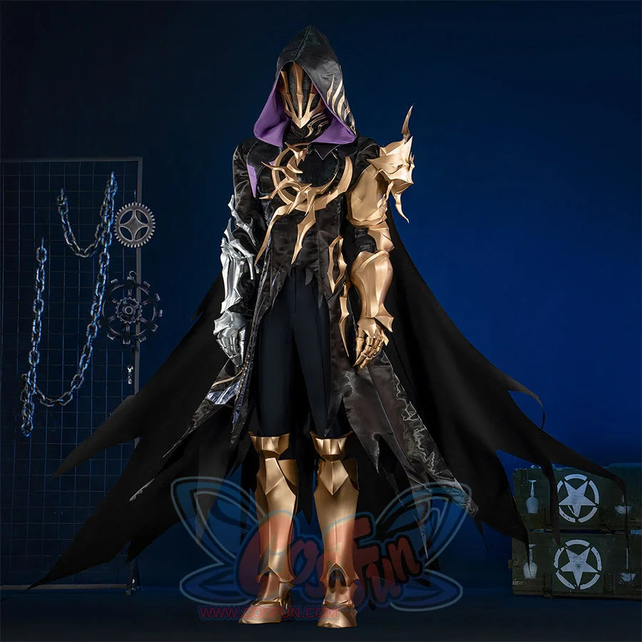 Honkai Star Rail Khaslana cosplay costume angled view frames the hooded coat and layered cape armor