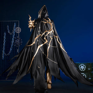 Honkai Star Rail Khaslana cosplay costume back view highlights the black cape and gold back prop
