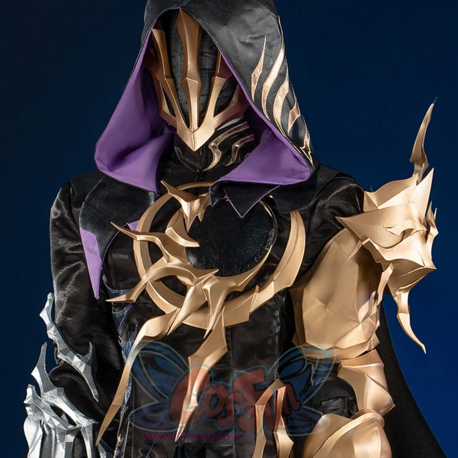 Honkai Star Rail Khaslana cosplay costume close-up focuses on the hooded mask framed by gold chest armor