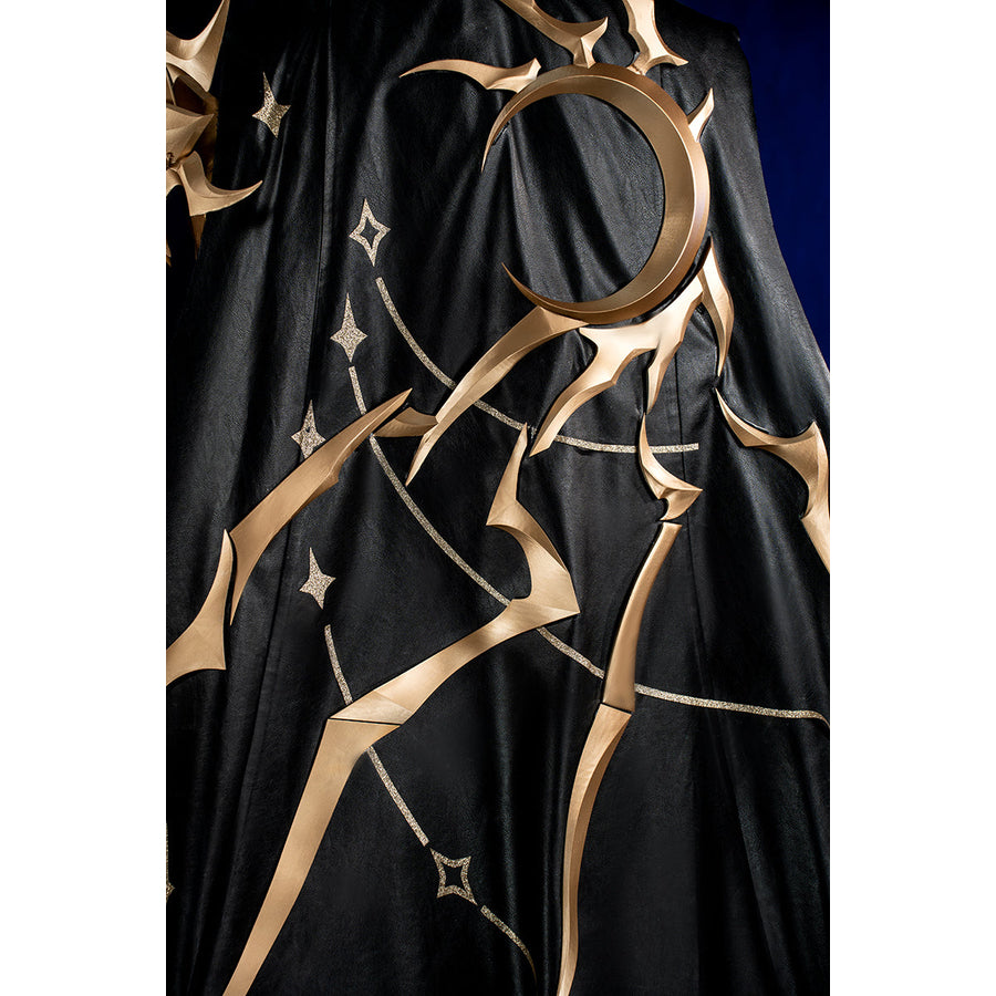 Honkai Star Rail Khaslana cosplay chest armor detail follows gold lines across the front coat panel