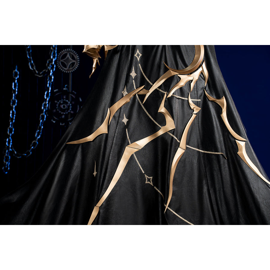 Honkai Star Rail Khaslana cosplay coat front detail highlights gold accents across the black panel