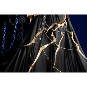 Honkai Star Rail Khaslana cosplay coat front detail highlights gold accents across the black panel