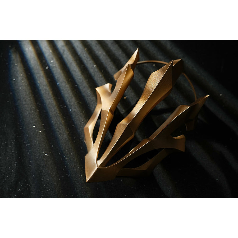 Honkai Star Rail Khaslana cosplay mask close-up shows the sharp gold faceplate design