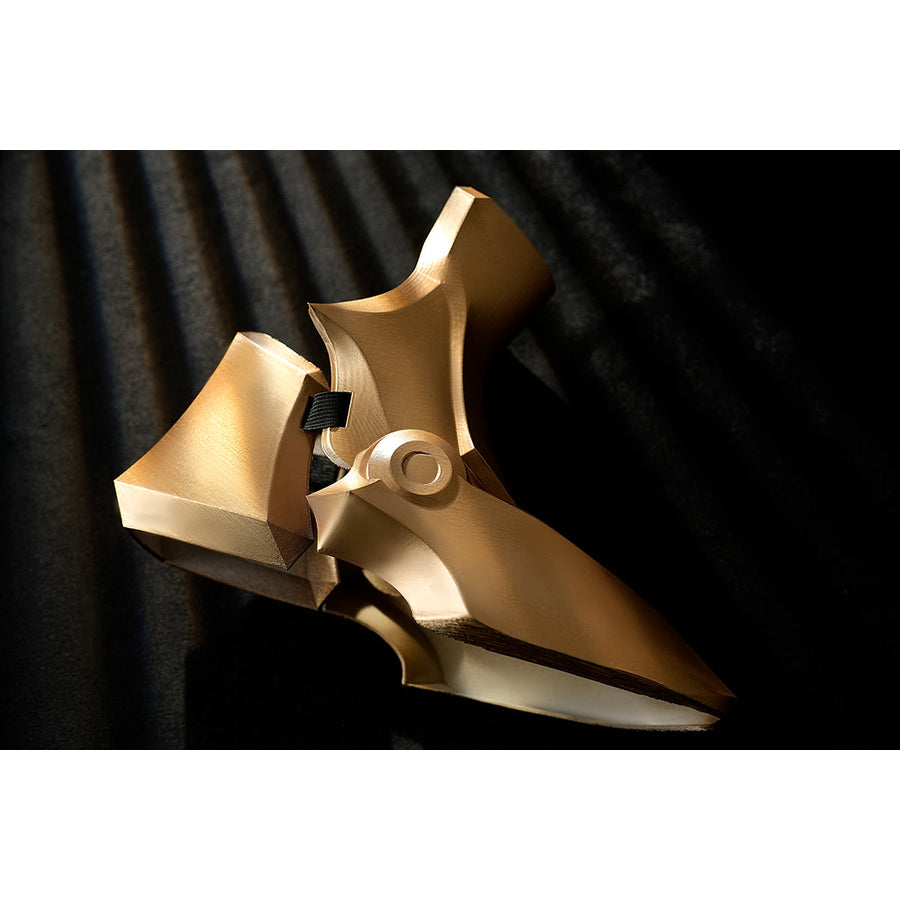Honkai Star Rail Khaslana cosplay shoe cover close-up shows gold-tone armor over the foot
