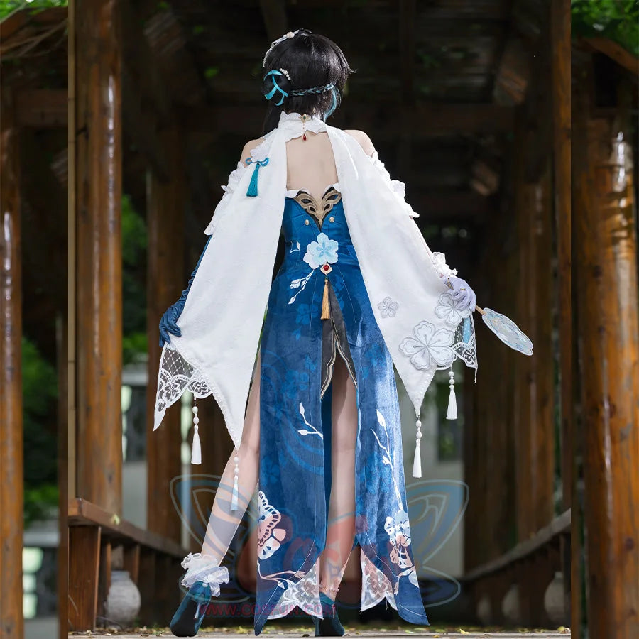 COSFUN Honkai: Star Rail Ruan Mei cosplay costume layers a teal dress under white lace sleeves and floral hairpiece.