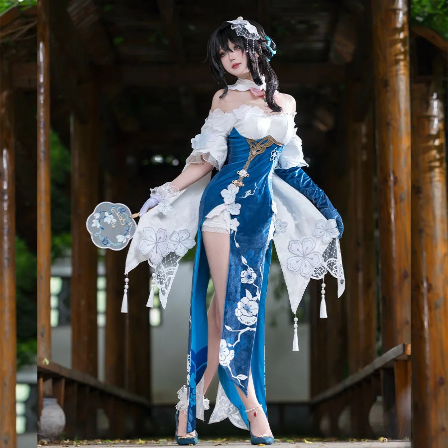 COSFUN Honkai: Star Rail Ruan Mei cosplay costume layers a teal dress under white lace sleeves and floral hairpiece.