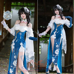 Honkai: Star Rail Ruan Mei cosplay costume pairs fan pose and raised-sleeve views over the teal dress.