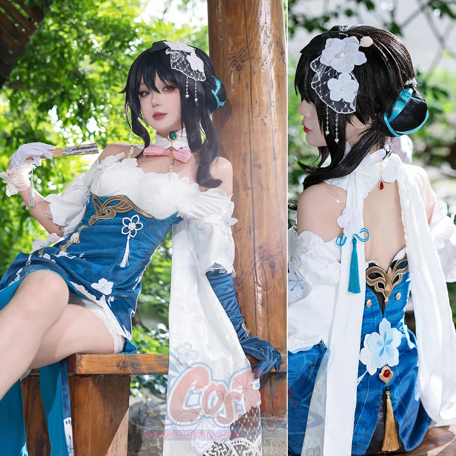 Honkai: Star Rail Ruan Mei cosplay costume pairs seated and back views around lace sleeves and floral hairpiece.