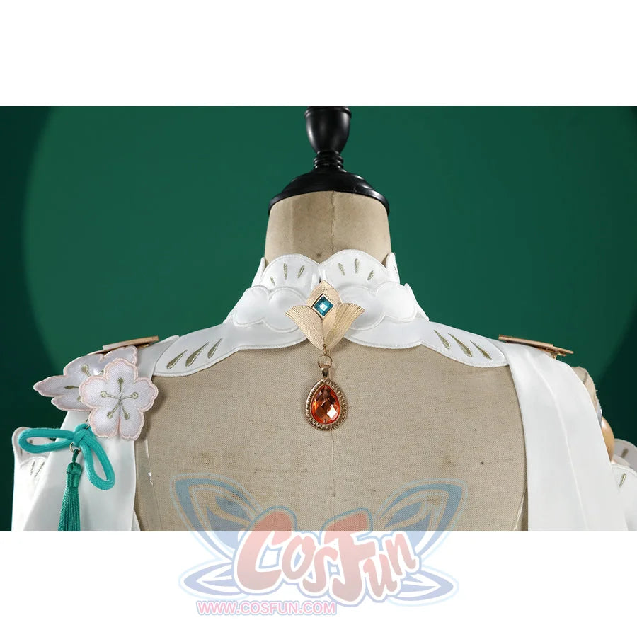 Honkai: Star Rail Ruan Mei cosplay costume back collar detail holds a red teardrop jewel below white shoulder trim.
