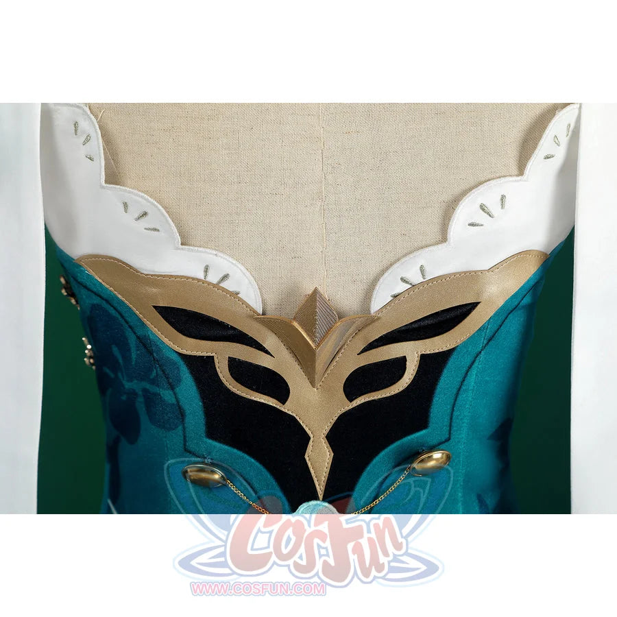 Honkai: Star Rail Ruan Mei cosplay costume bodice detail frames gold cutout trim above a pale flower accent.