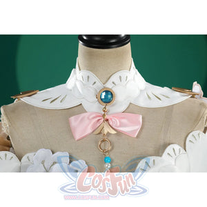 Honkai: Star Rail Ruan Mei cosplay costume collar detail frames a turquoise gem, pale bow, and white floral trim.