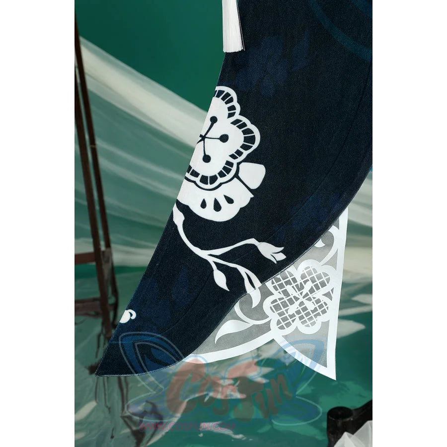 Honkai: Star Rail Ruan Mei cosplay costume dark teal skirt hem detail sets white floral print over lace edging.