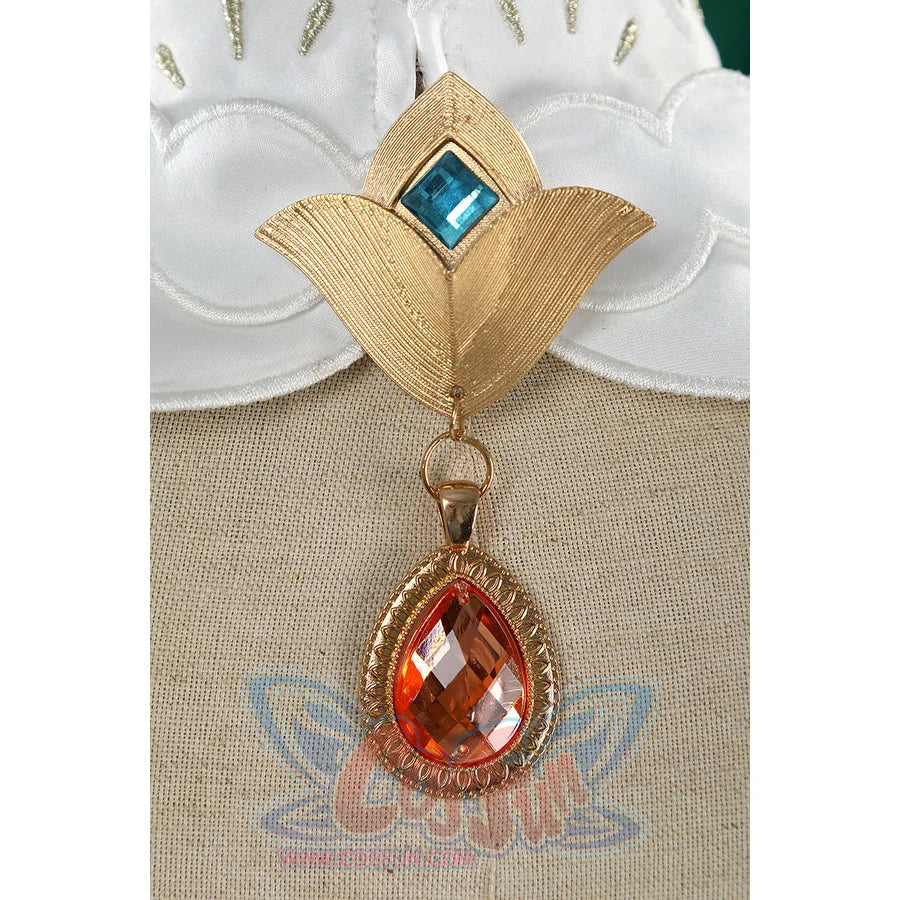 Honkai: Star Rail Ruan Mei cosplay costume front pendant detail layers gold leaves, blue stone, and red drop charm.