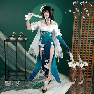 COSFUN Honkai: Star Rail Ruan Mei cosplay costume layers a teal bodysuit dress under white floral shawl panels in front view.