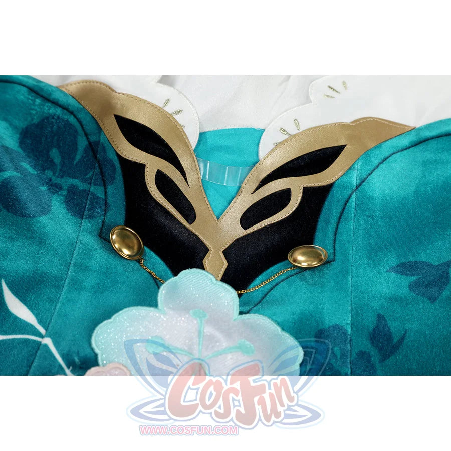 Honkai: Star Rail Ruan Mei cosplay costume flat-lay glove detail anchors a white flower applique and pearl accent.