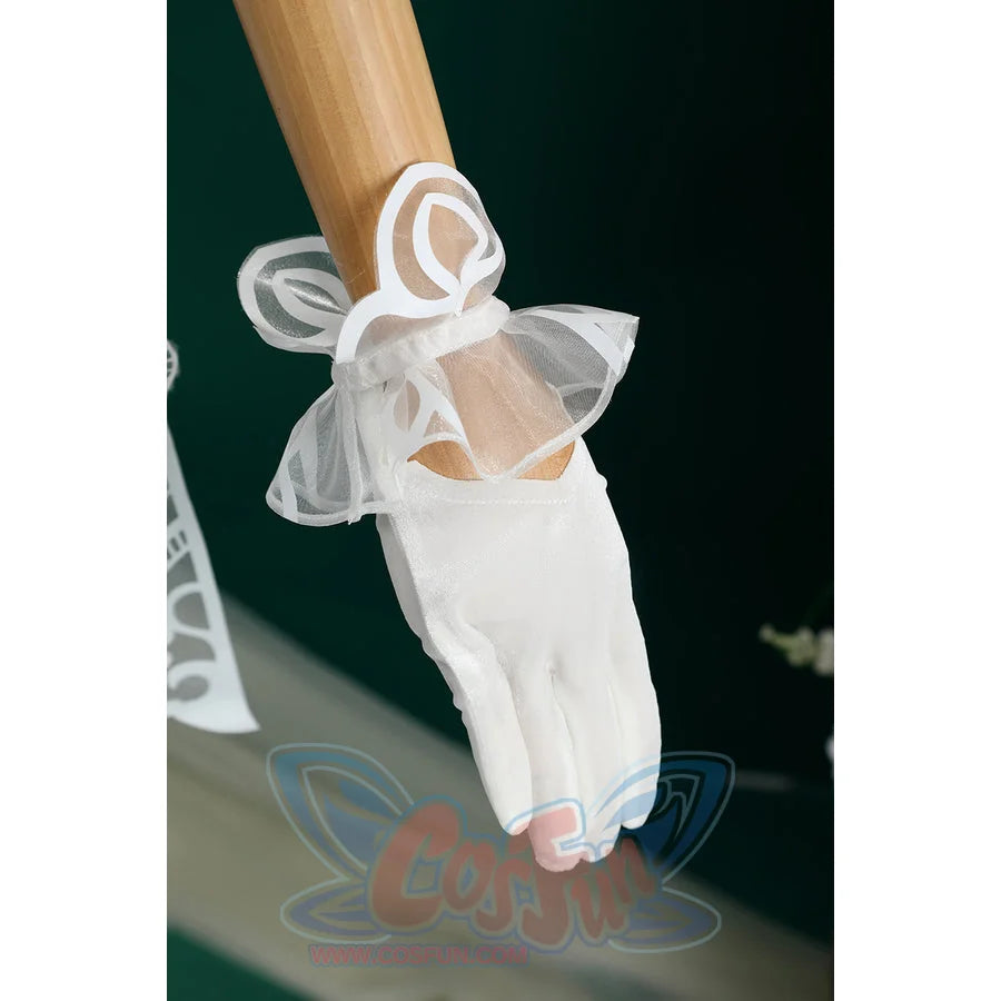 Honkai: Star Rail Ruan Mei cosplay costume glove detail adds ribbon loops and sheer ruffles at the wrist.