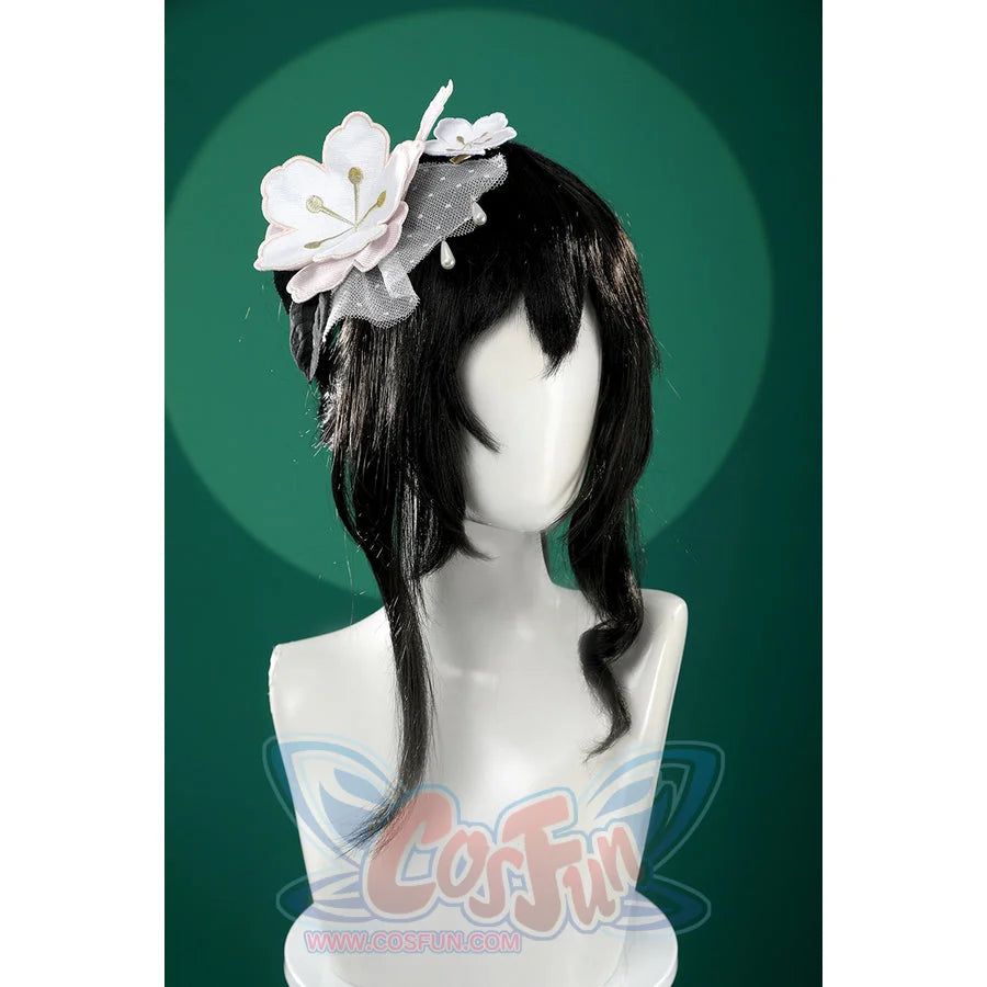 Honkai: Star Rail Ruan Mei cosplay costume headpiece side detail layers white petals, netting, and pearl drops.