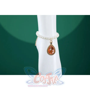 Honkai: Star Rail Ruan Mei cosplay costume headpiece detail centers a white blossom and teal ribbon above dark hair.