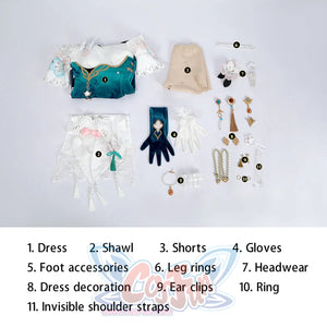 Honkai: Star Rail Ruan Mei cosplay costume flat lay names the dress, shawl, shorts, gloves, ankle pieces, and headwear.