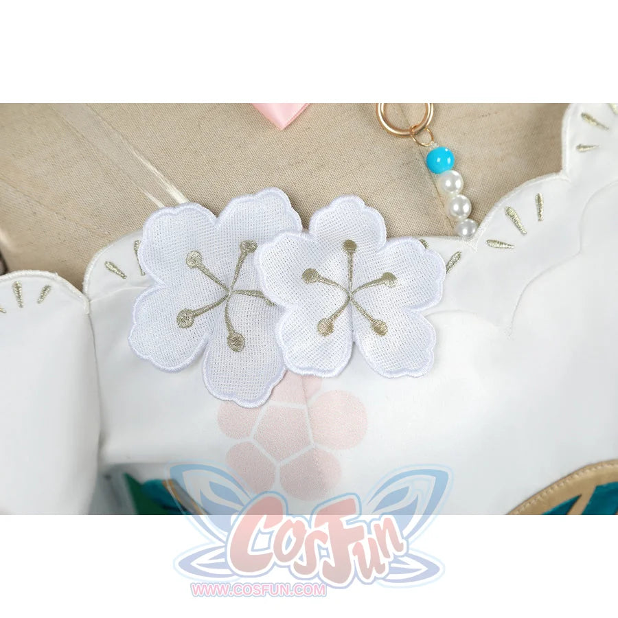Honkai: Star Rail Ruan Mei cosplay costume shoulder detail layers white blossom appliques over the pale sleeve edge.