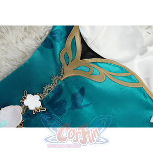 Honkai: Star Rail Ruan Mei cosplay costume flat-lay skirt panel highlights white floral print on dark teal fabric.