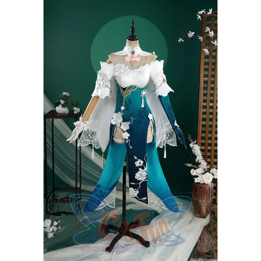 Honkai: Star Rail Ruan Mei cosplay costume centers the teal bodysuit dress, shawl, gloves, and floral trim together.